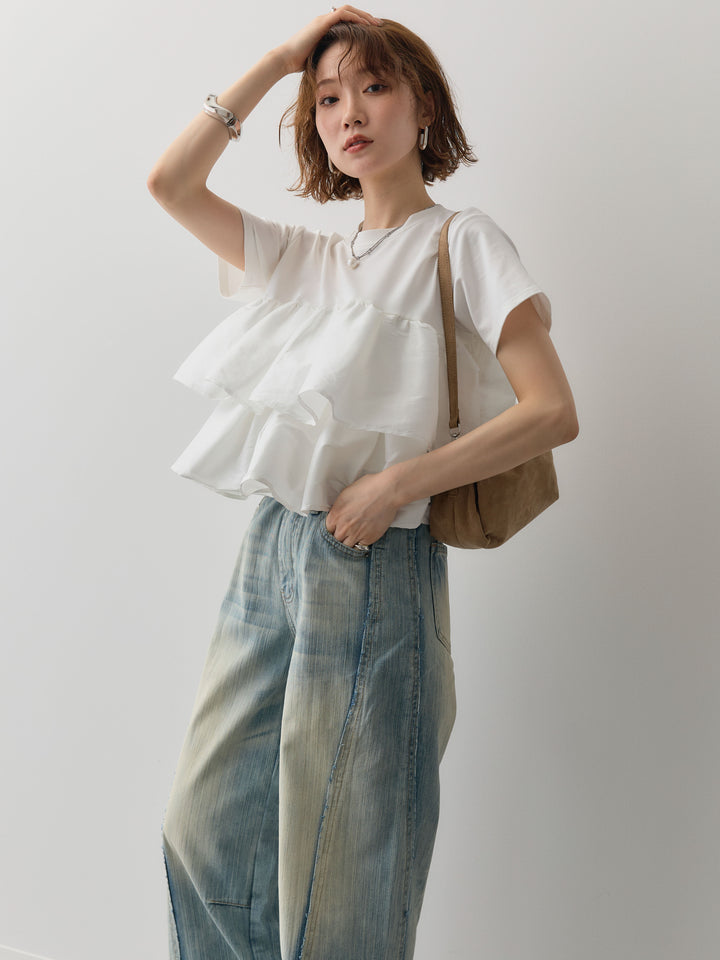 [SET]フリルティアードTEE+縦ウォッシュワイドデニムパンツ(2set)