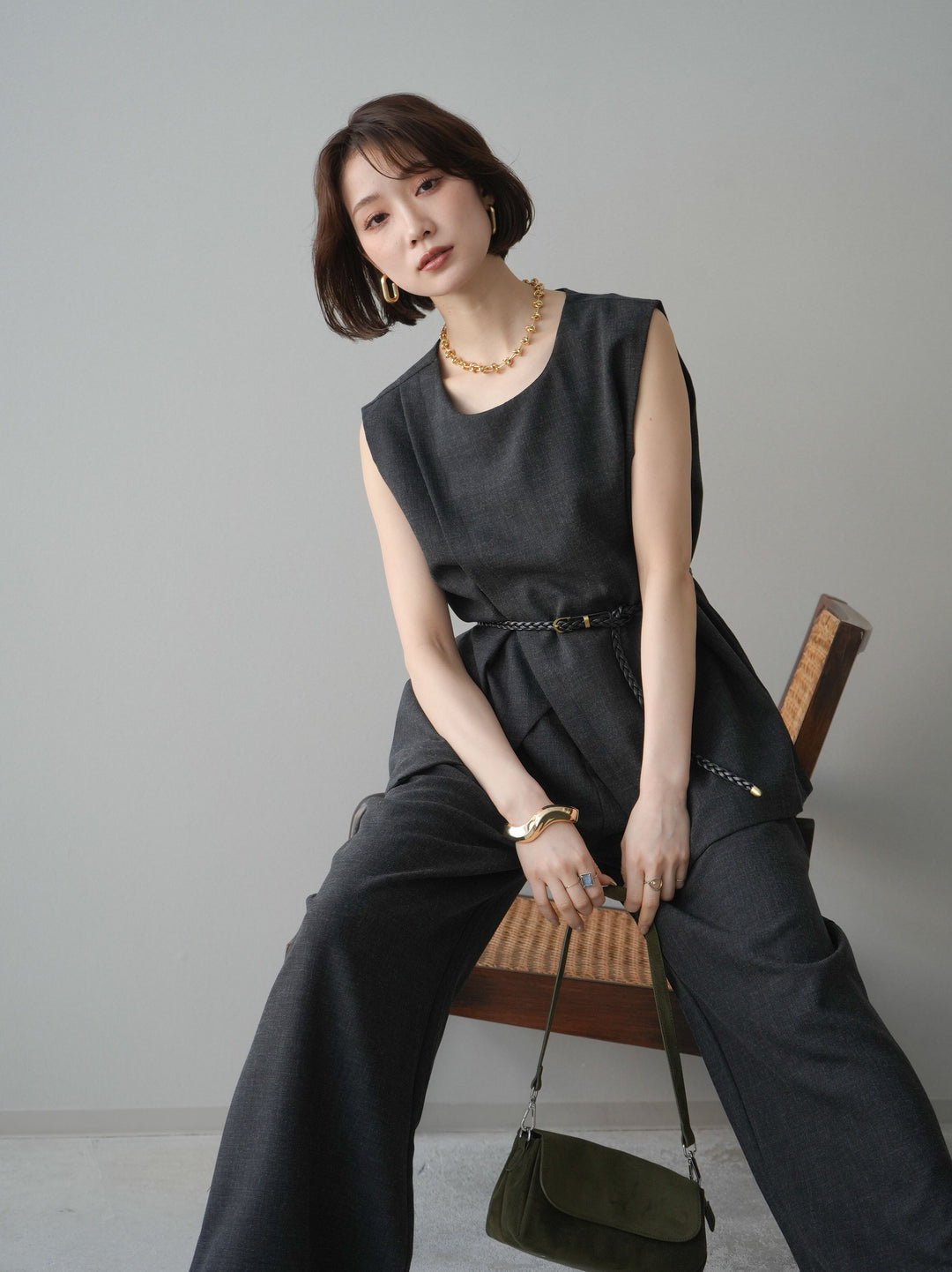 [SET]ベルト付ノースリーブトップス＆ワイドパンツSETUP