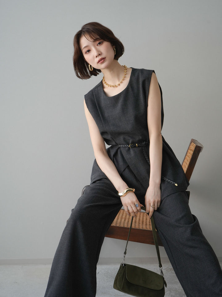 [SET]ベルト付ノースリーブトップス＆ワイドパンツSETUP
