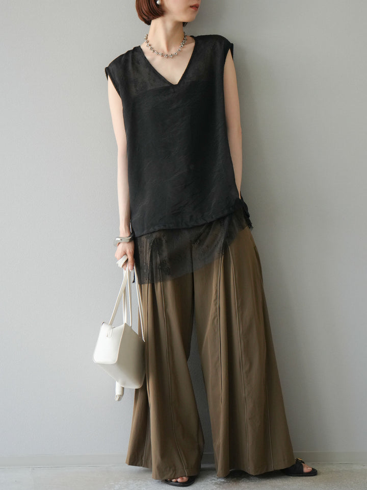 【預購】褶邊尼龍寬褲/卡其色