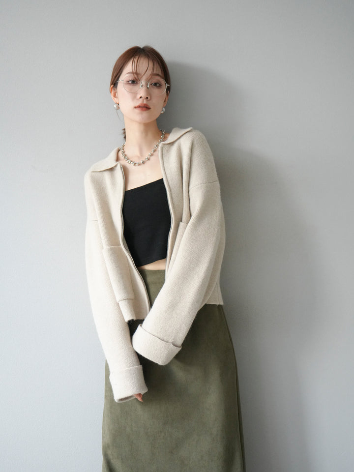 [予約]ポロ襟ジップニットカーディガン/アイボリー