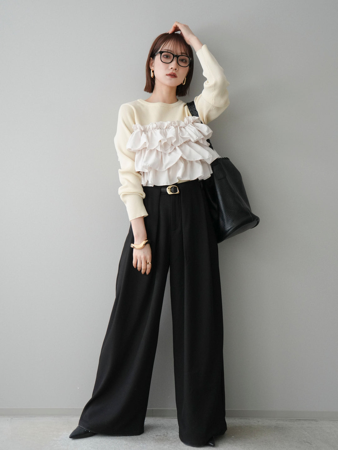 [SET]フリルビスチェドッキングスポンジニットプルオーバー+ベルトループデザインワイドパンツ(2set)