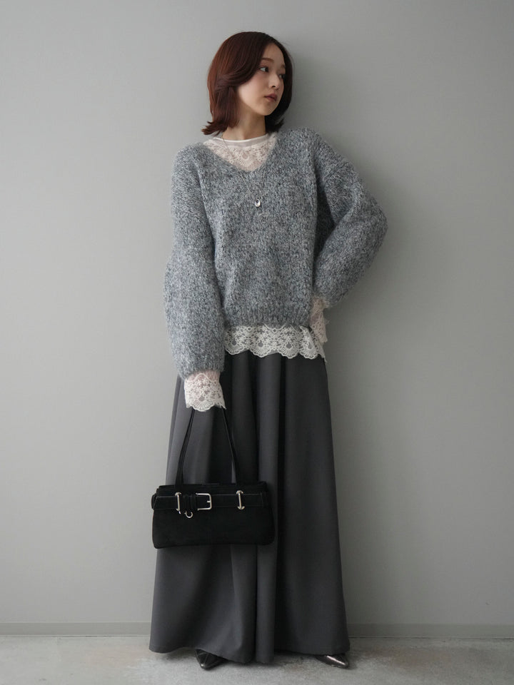 [SET]Vネックミックスヤーンニットプルオーバー+チュールレーストップス+テープベルトタックバギーパンツ(3set)