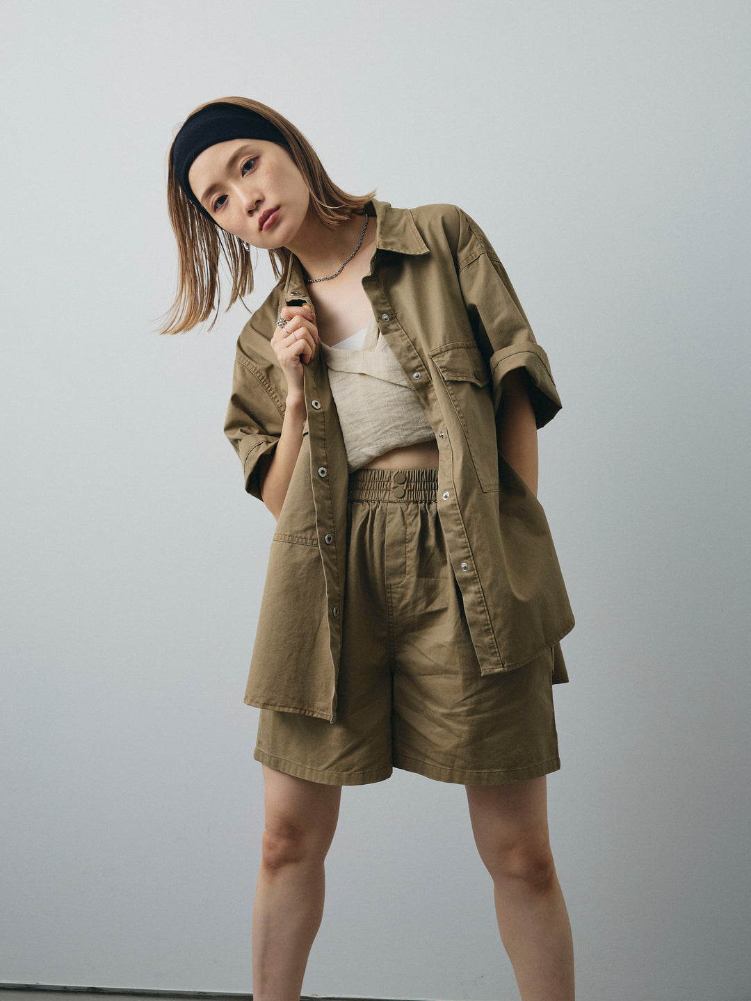 [SET]ミリタリーオーバーシャツ＆ハーフパンツSET UP+リネンライクカシュクールデザインビスチェ(2set)