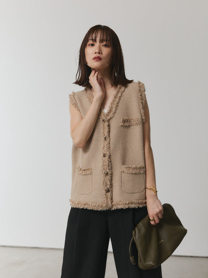 [予約]アンティークボタンツイードフリンジニットベスト/ベージュ