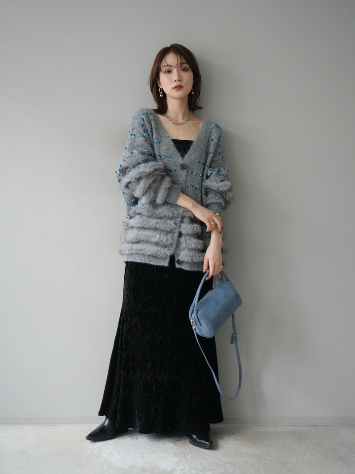 [予約]フェザーライン配色シャギーニットカーディガン/グレー