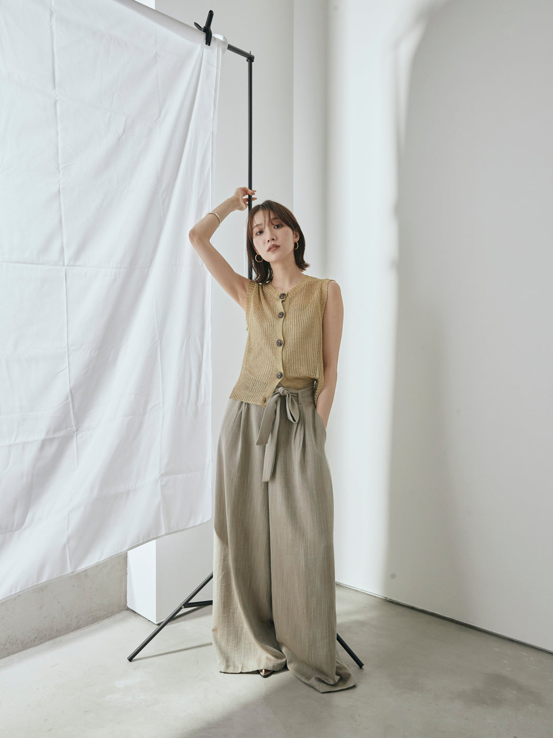 [予約]リネンライクウエストリボンワイドパンツ/ベージュ