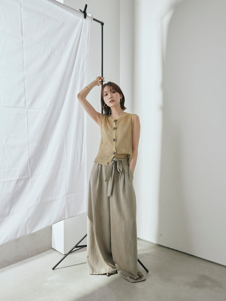 [予約]リネンライクウエストリボンワイドパンツ/ベージュ