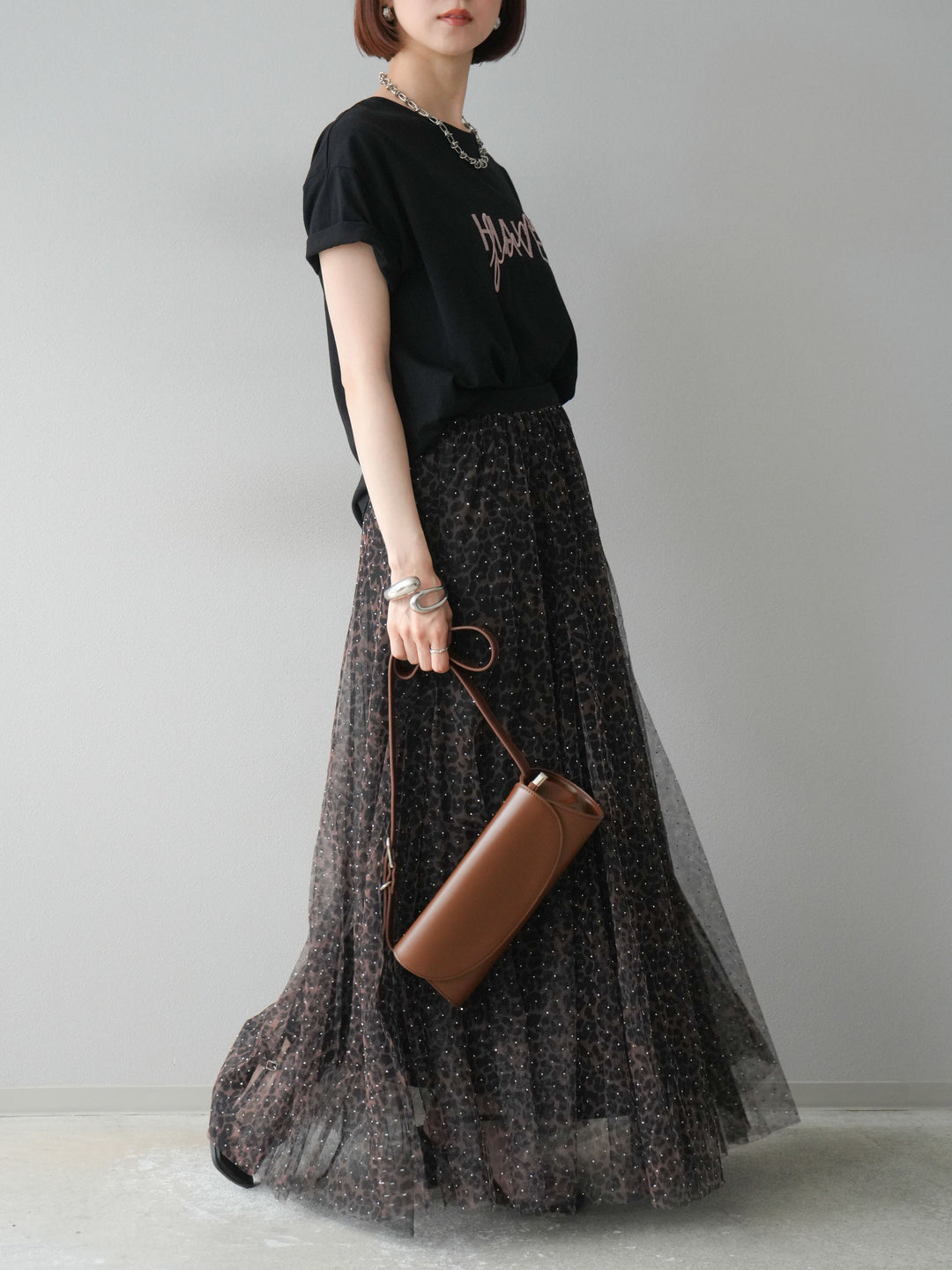 [5] 豹紋薄紗層疊百褶裙/摩卡色