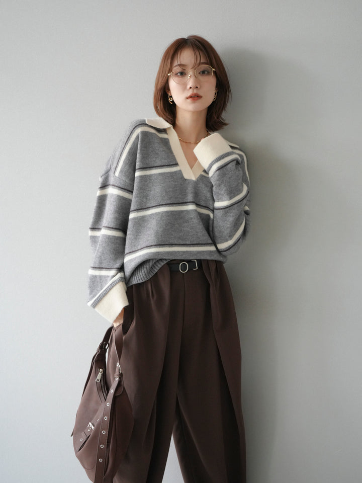 [予約]ポロ襟スキッパーボーダーニットプルオーバー/グレー