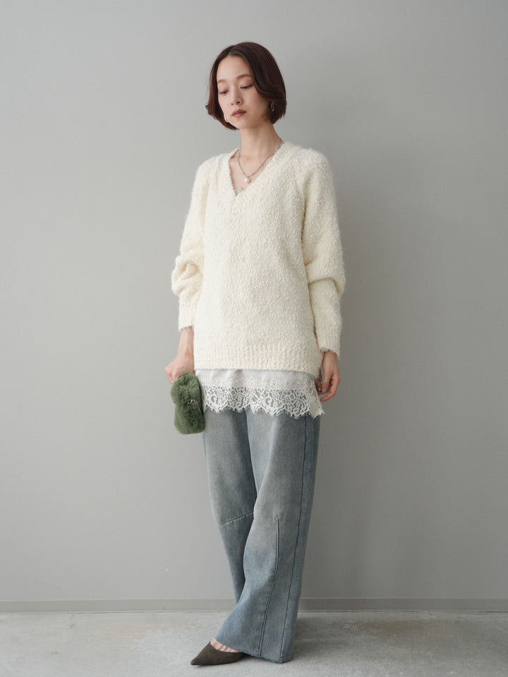 [予約]裏起毛カットオフカーブデニムパンツ/blue