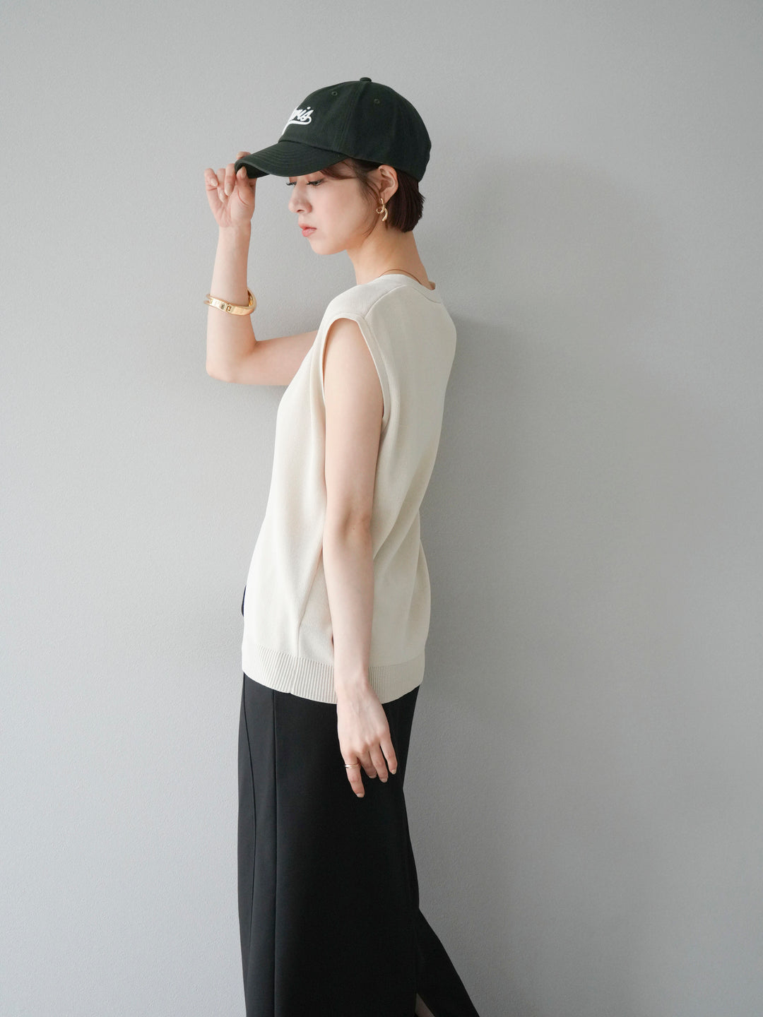 [SET]Vネックレーヨンニットベスト+スウェットロングスカート(2set)