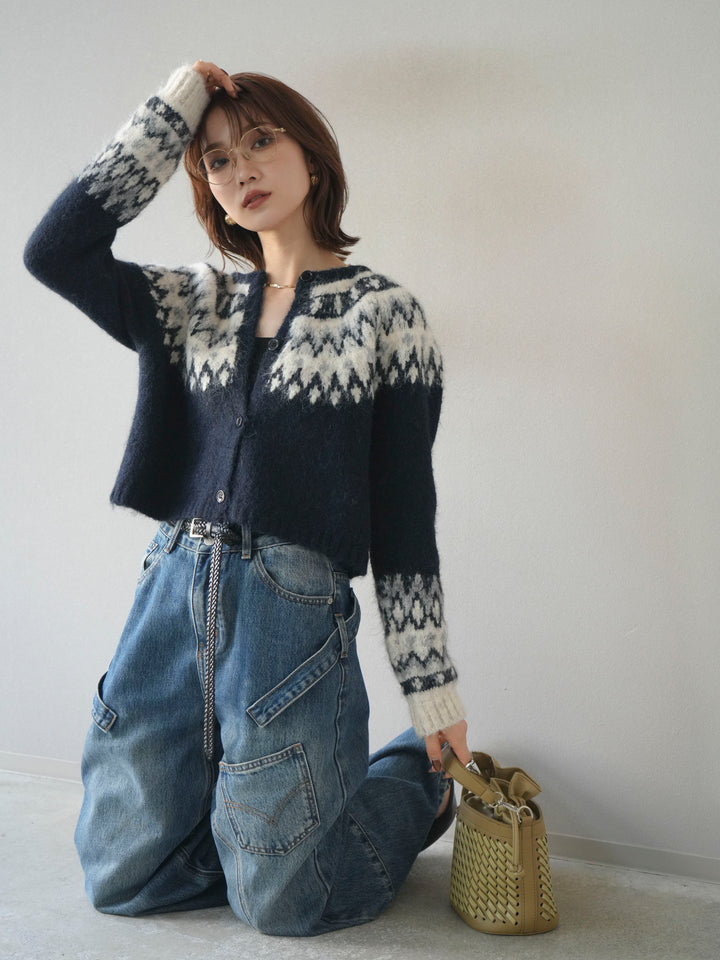 【着回しセット】[SET]求心柄クロップドニットカーディガン+ミックスヤーンペイズリー柄ニットカーディガン+ペインターカーブデニムパンツ(3set)