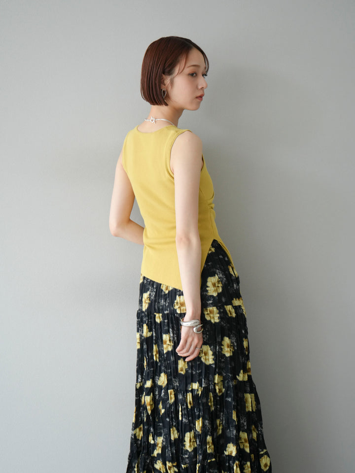 [SET]カシュクールノースリーブニットトップス+フラワーワッシャーロングスカート(2set)