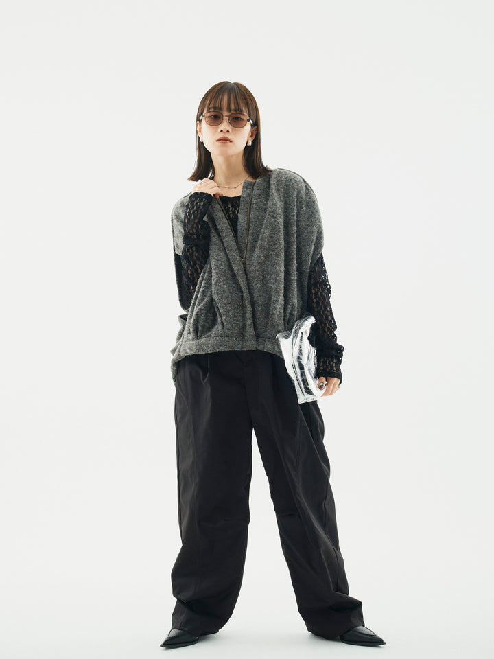 【Allure】[SET]ウール混コクーンブルゾン+タフタワイドカーブパンツ+バックラウンドレーストップス(3set)