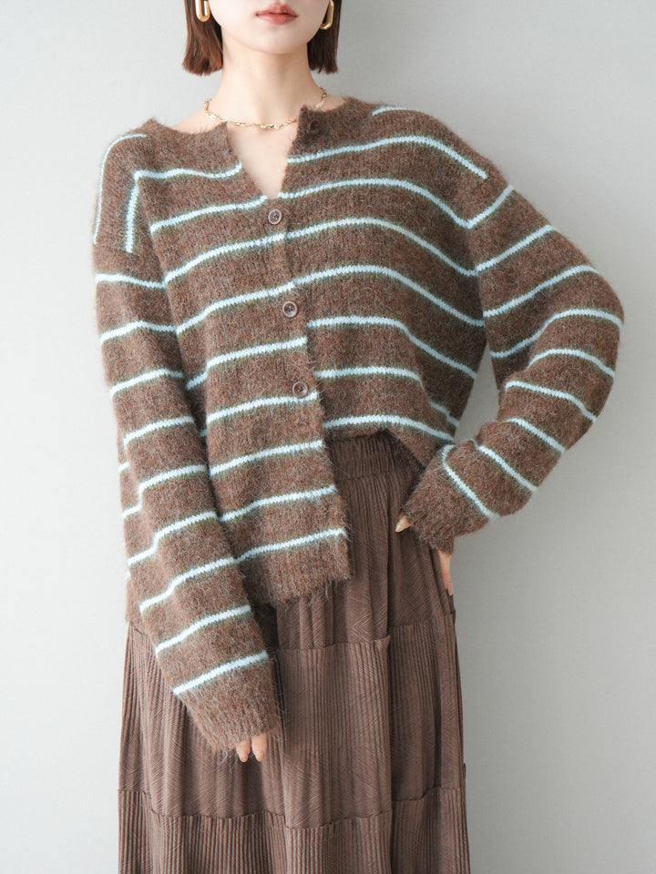 [予約]ボーダーシャギーニットカーディガン/brown