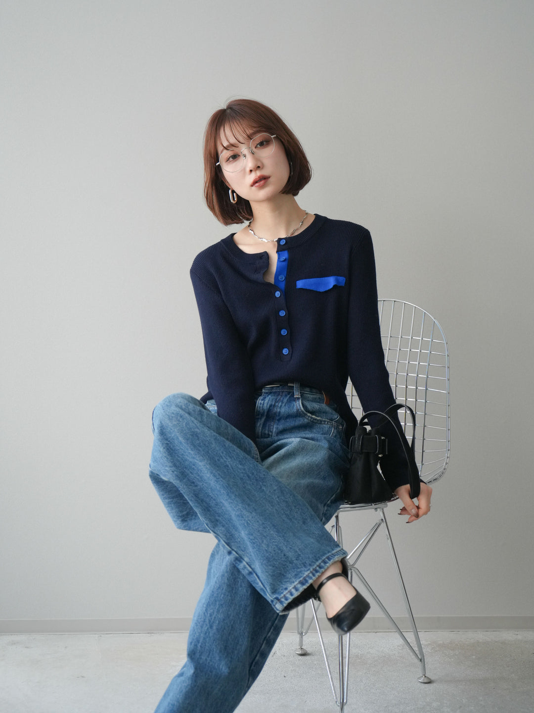 [予約]バイカラーデザインポケット配色ヘンリーネックニットソー/navy