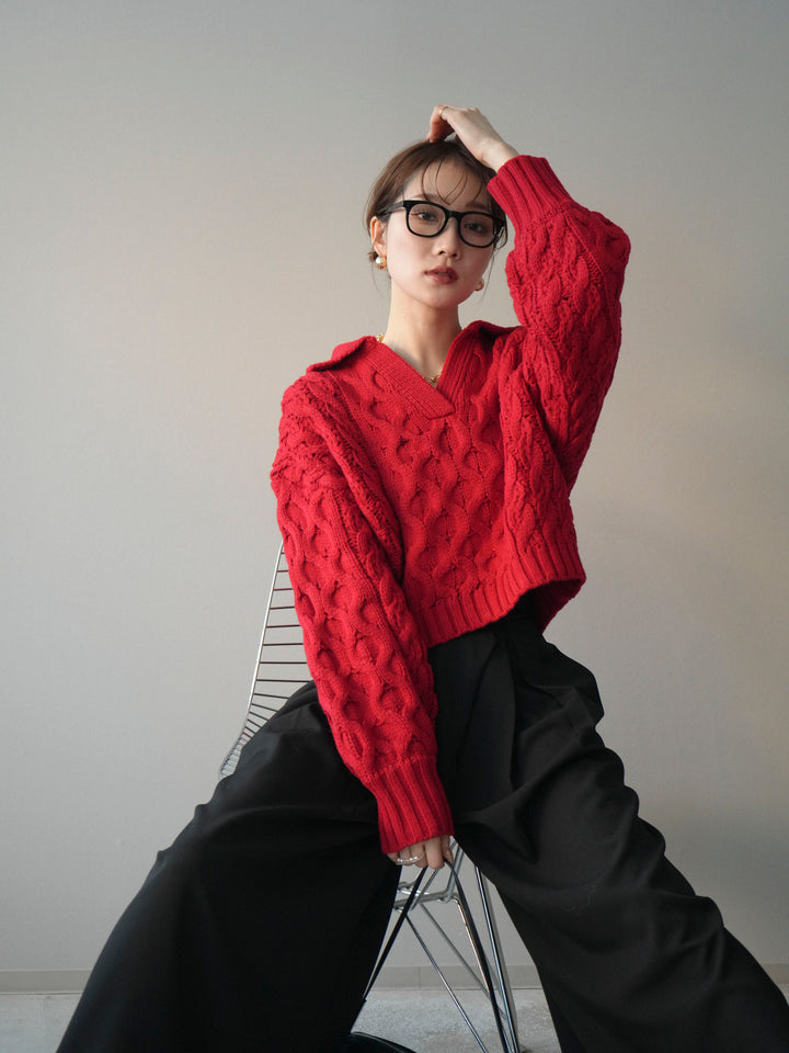 [SET]バルキーケーブルクロップド開襟プルオーバー+テープベルトタックバギーパンツ(2set)