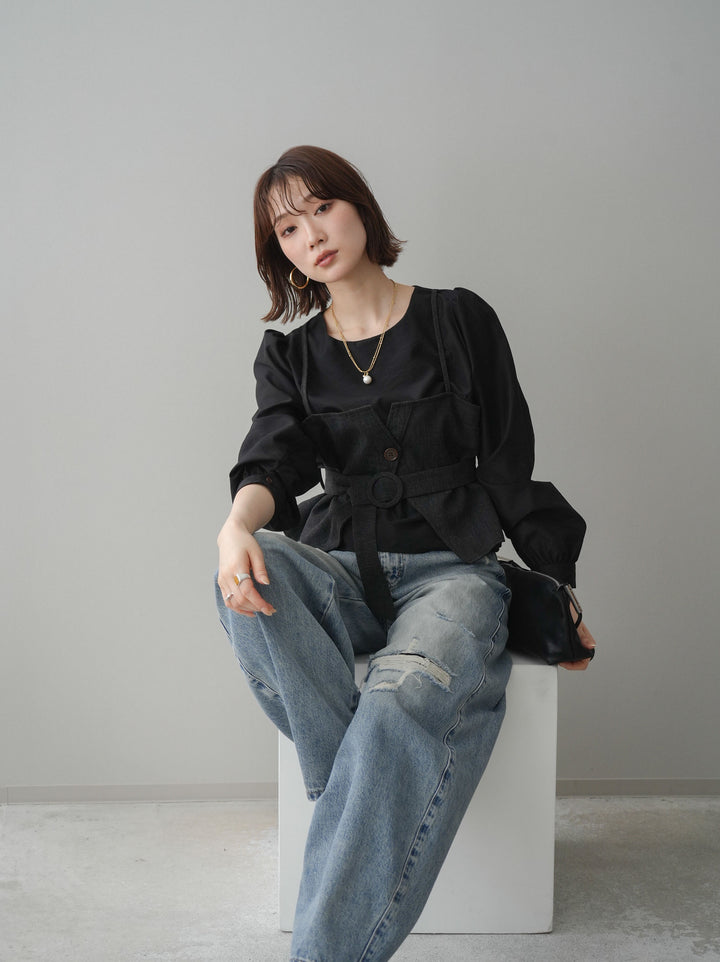 [SET]異素材ビスチェドッキングブラウス+選べるアクセセット(2set)