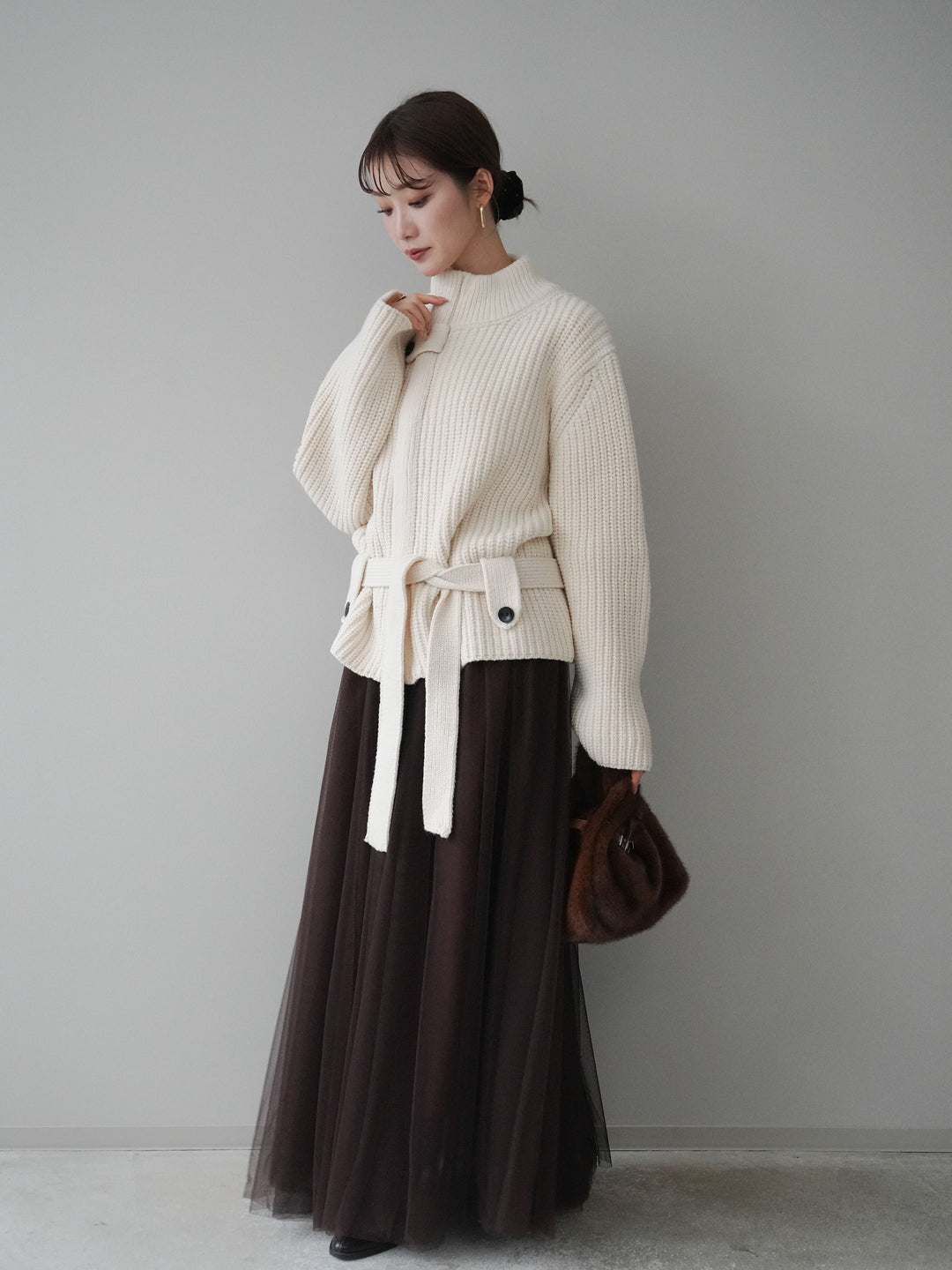 [SET]畦編みボトルネックZIPニットカーディガン+チュールボリュームスカート(2set)