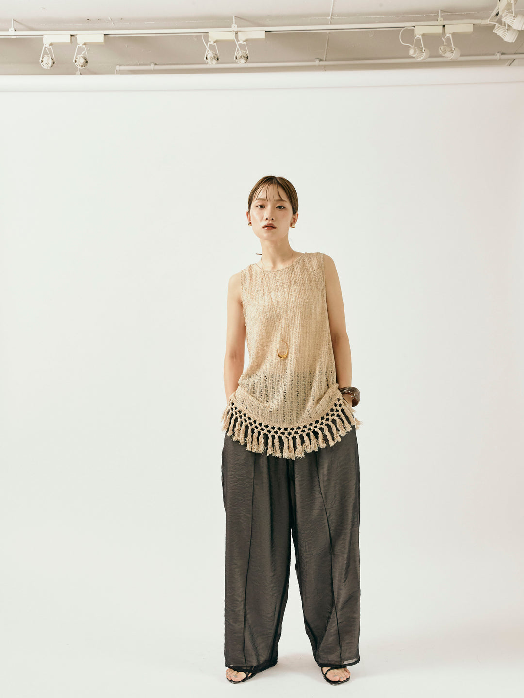 [予約]オーガンジーレイヤードサイドラインパンツ/ブラック