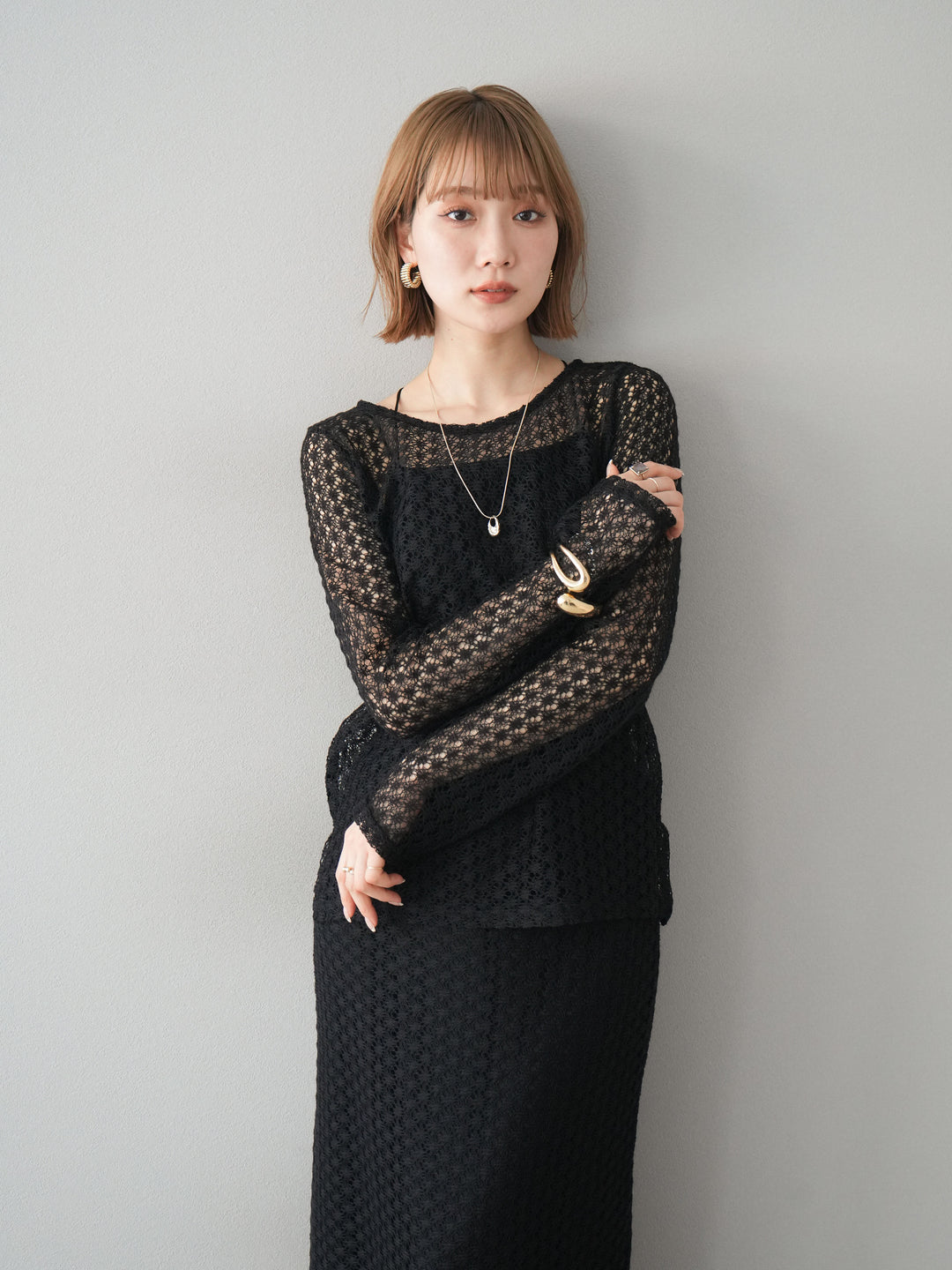 [予約]透かし編みトップス/ブラック