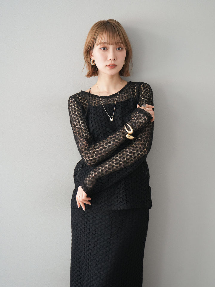 [予約]透かし編みトップス/ブラック