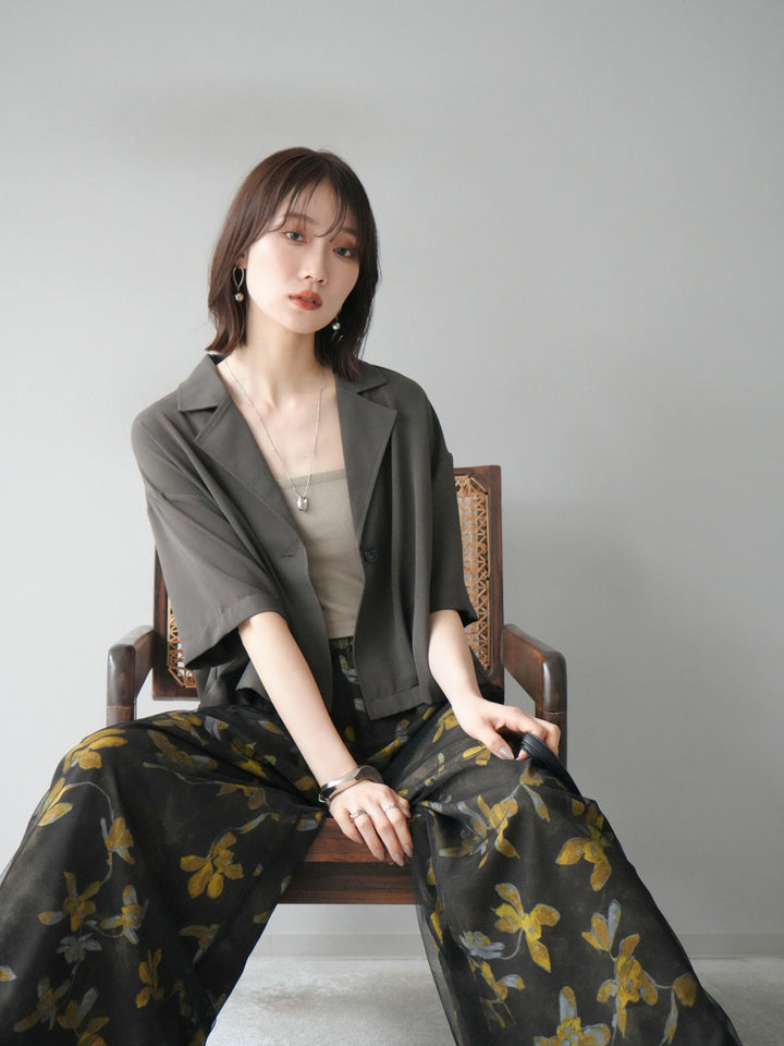 [SET]ハーフショートジャケット+フラワープリントチュールレイヤードパンツ(2set)