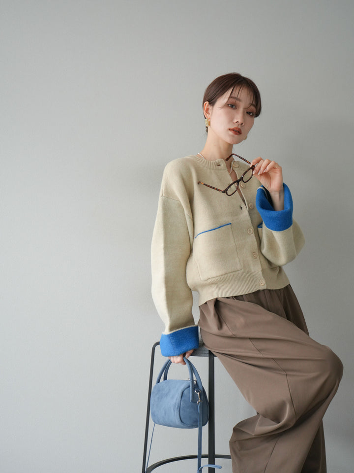 【SET】雙色針織開襟衫+褶襉設計寬褲（2套）