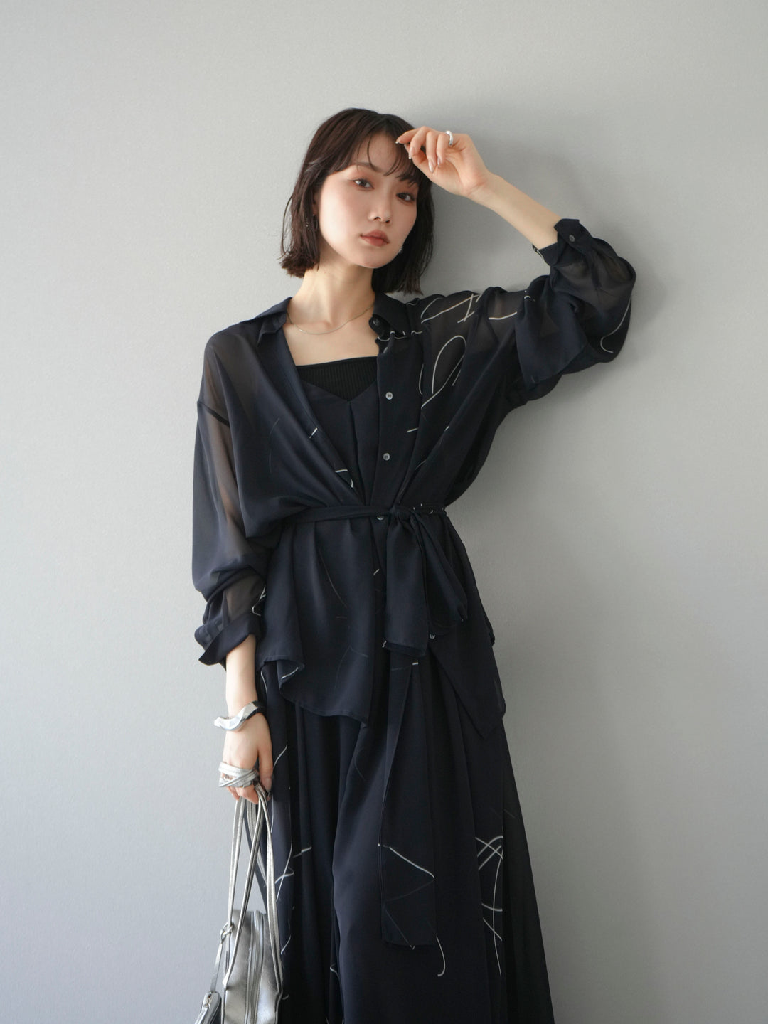 [SET]ペンタッチシフォンキャミワンピース+ペンタッチシフォンシャツ(2set)