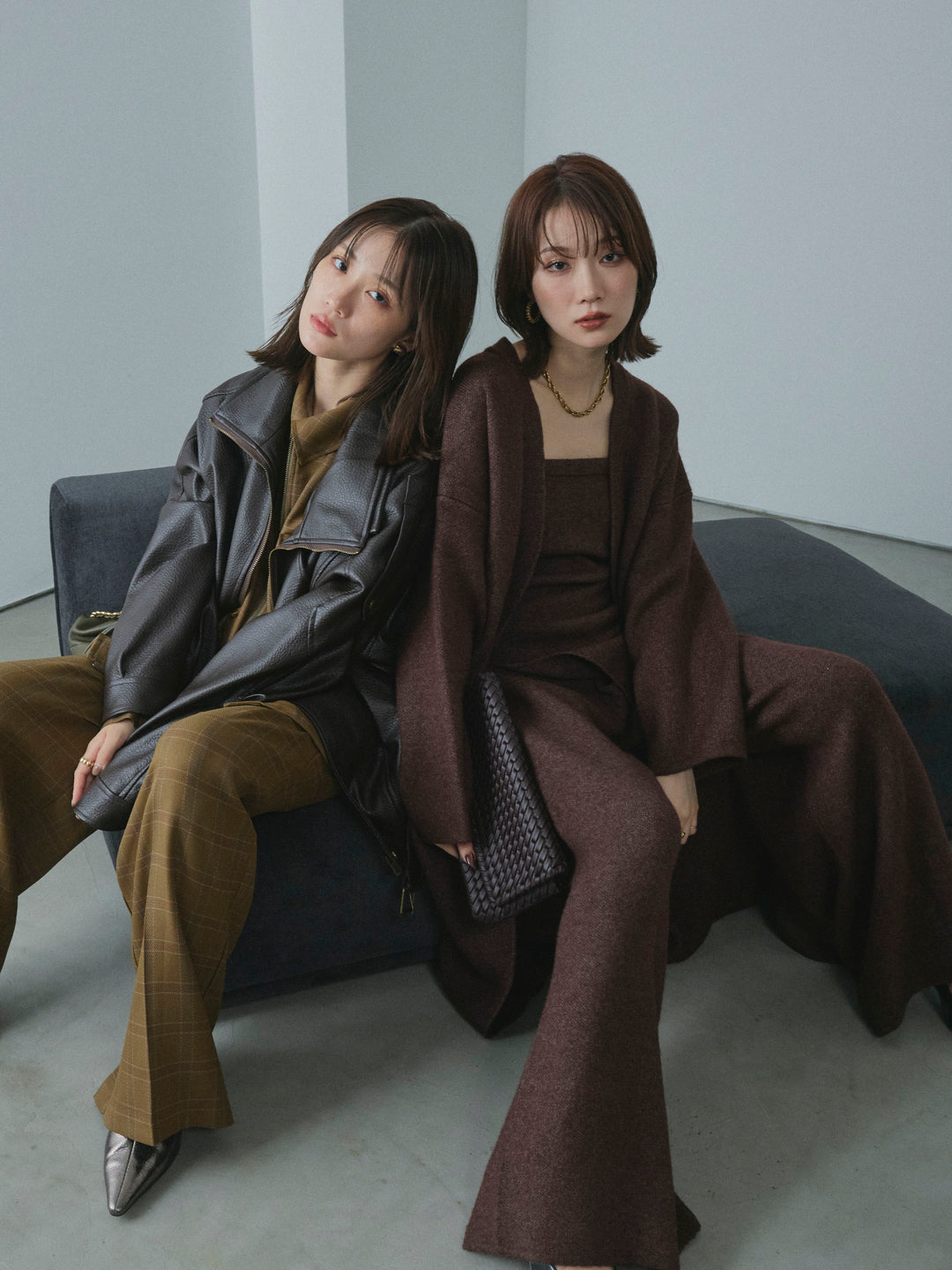 【Allure】[SET]ニットベアトップ＆ワイドパンツSET UP+レザーカラースウェードロングコート(2set)