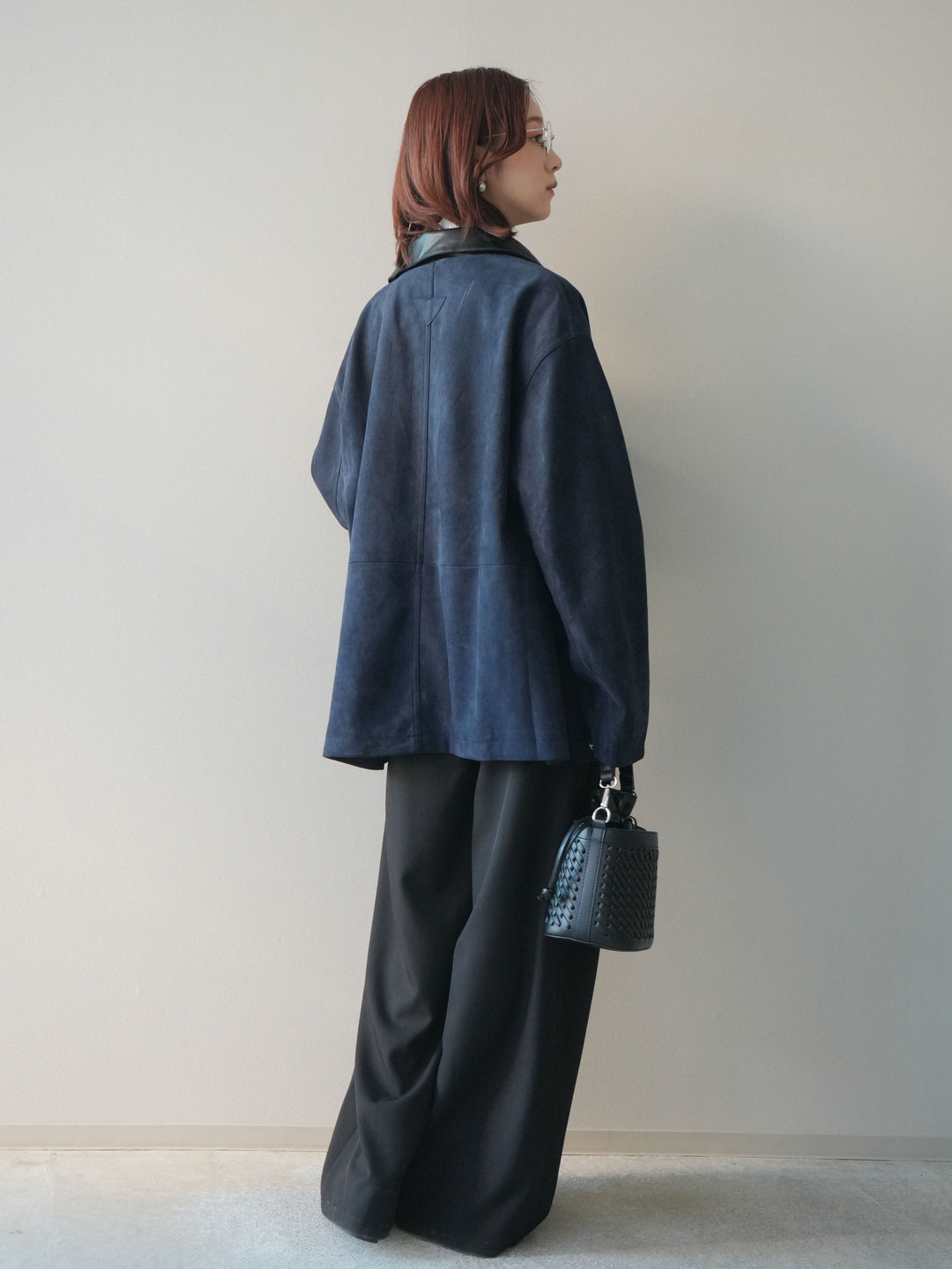 [SET]襟レザーステンカラースエードジャケット+袖ボタンボトルネックリブニットトップス+ベルトループデザインワイドパンツ(3set)