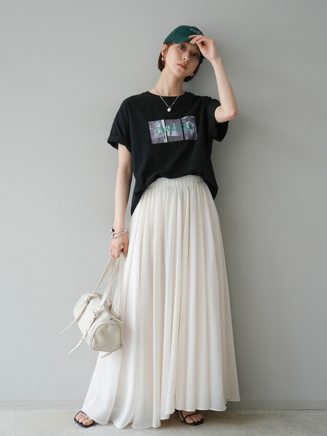 [SET]ネオンロゴコラージュフォトプリントオーバーTシャツ+シフォンフレアスカート(2set)