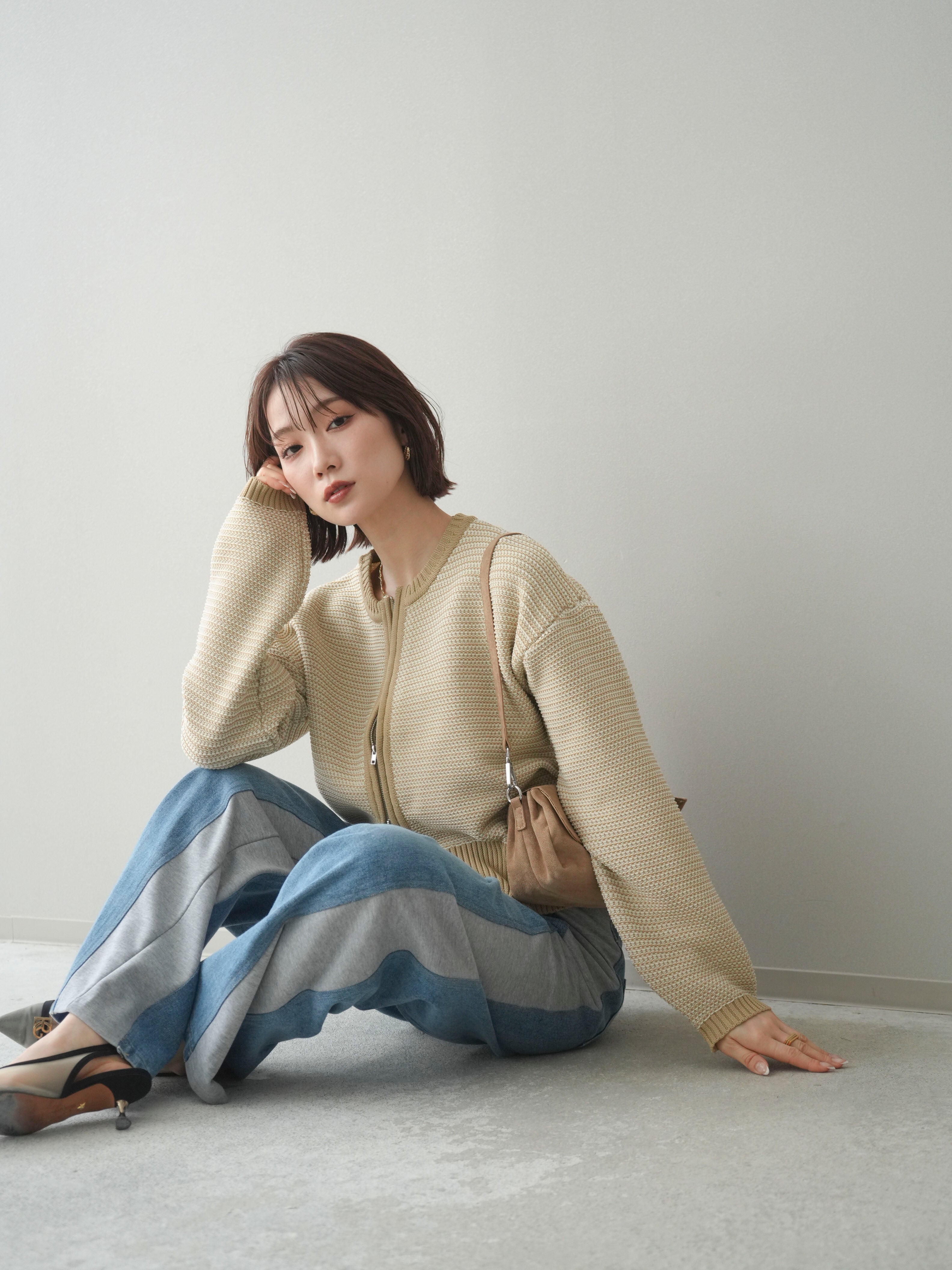 SET]ボーダーダブルZIPカーディガン+デニム切替スウェットパンツ(2set