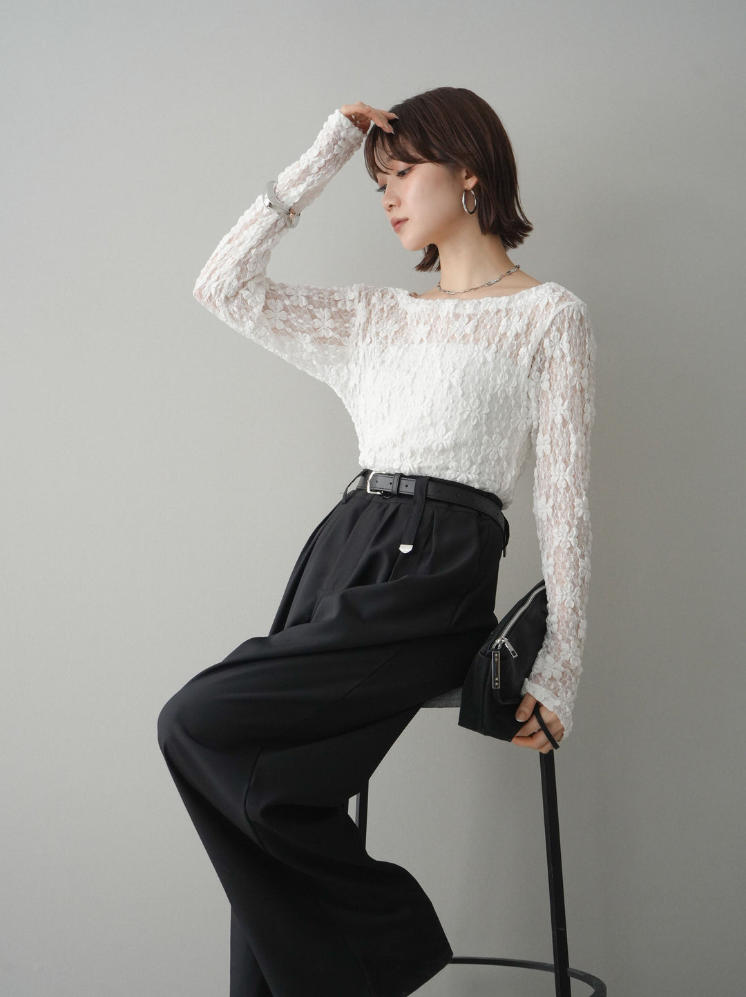 [SET]サイドギャザーレーストップス+ベルト付キーホルダーモチーフワイドパンツ(2set)