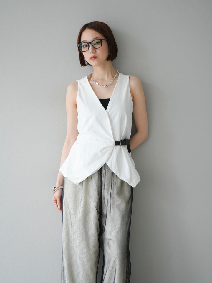 [SET]ベルトデザインバルーンブラウス+レースタックイージーパンツ+コード刺繍チュールレイヤードパンツ(3set)