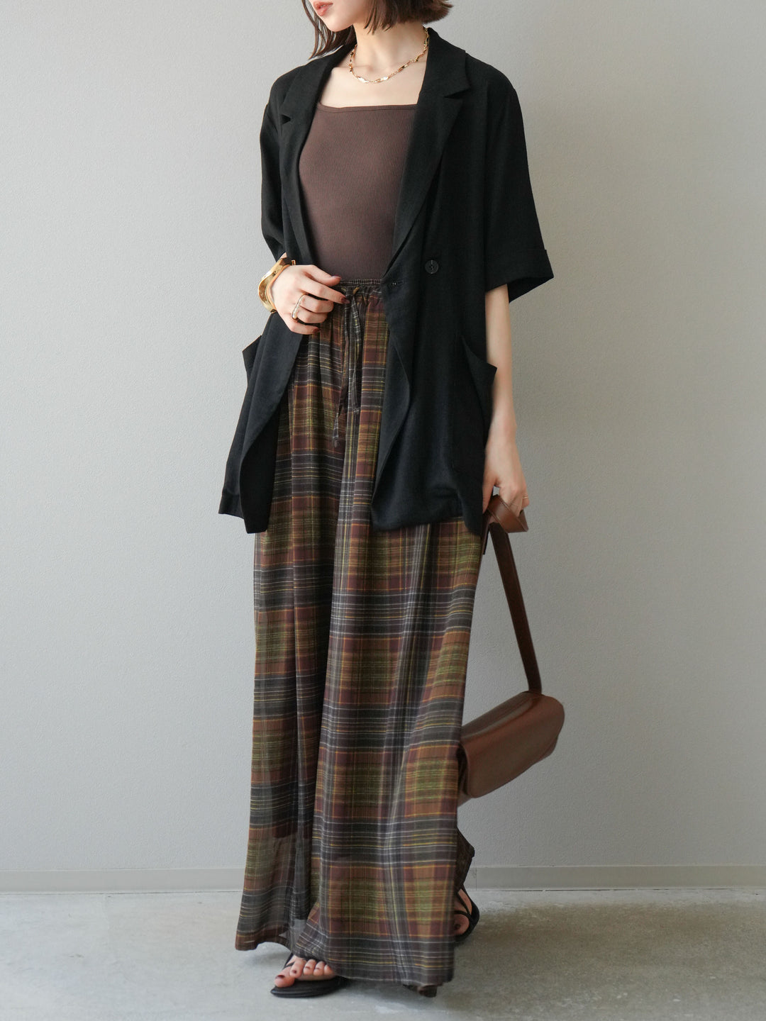 [預購] 透視格紋寬鬆褲/棕色