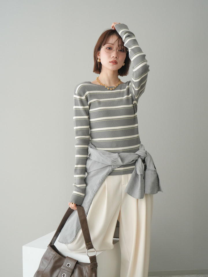 [予約]バックオープンテレコリブマルチボーダートップス/gray