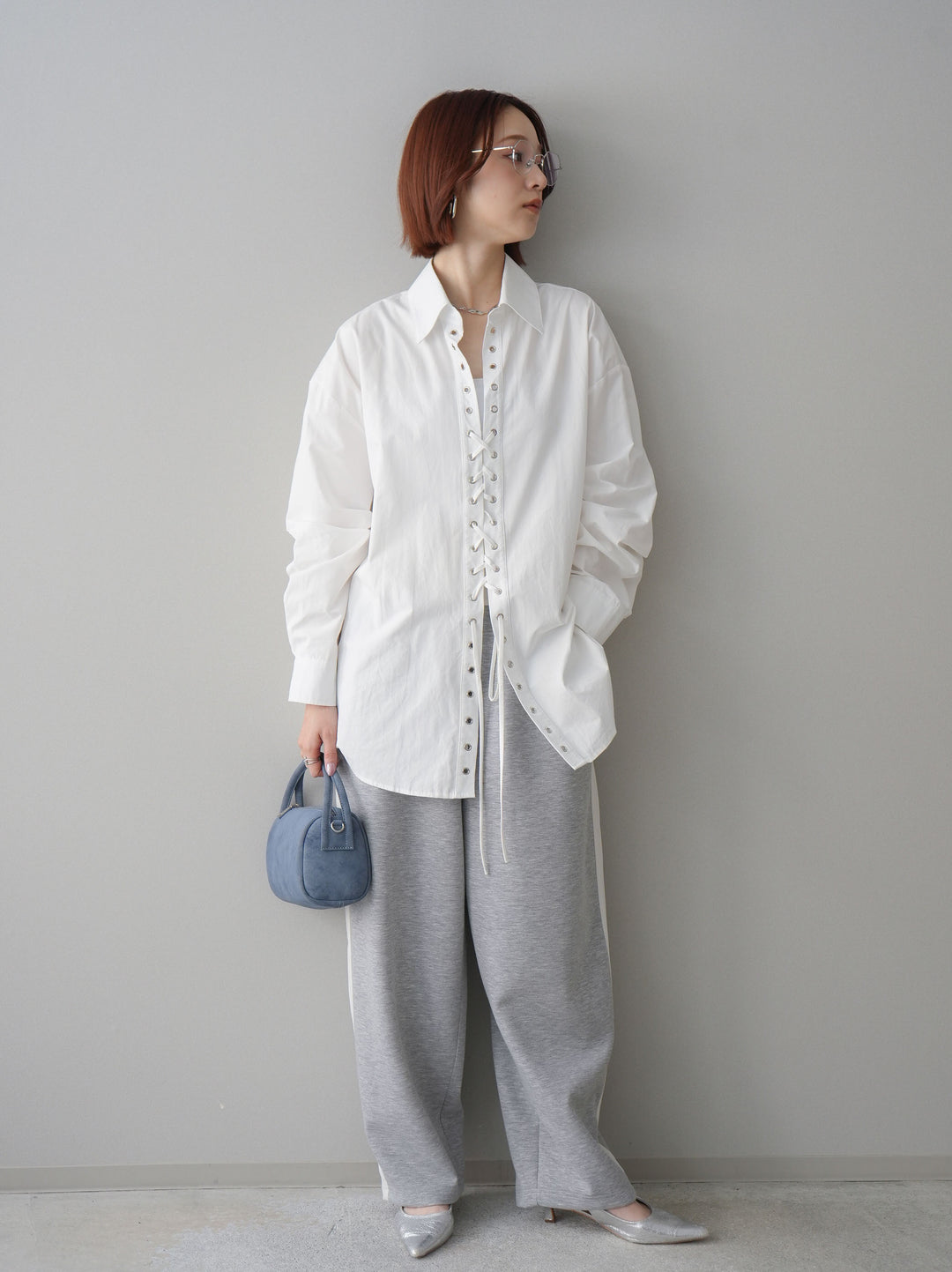 [SET]レースアップブロードシャツ+バイカラー異素材サイドラインライトポンチパンツ(2set)