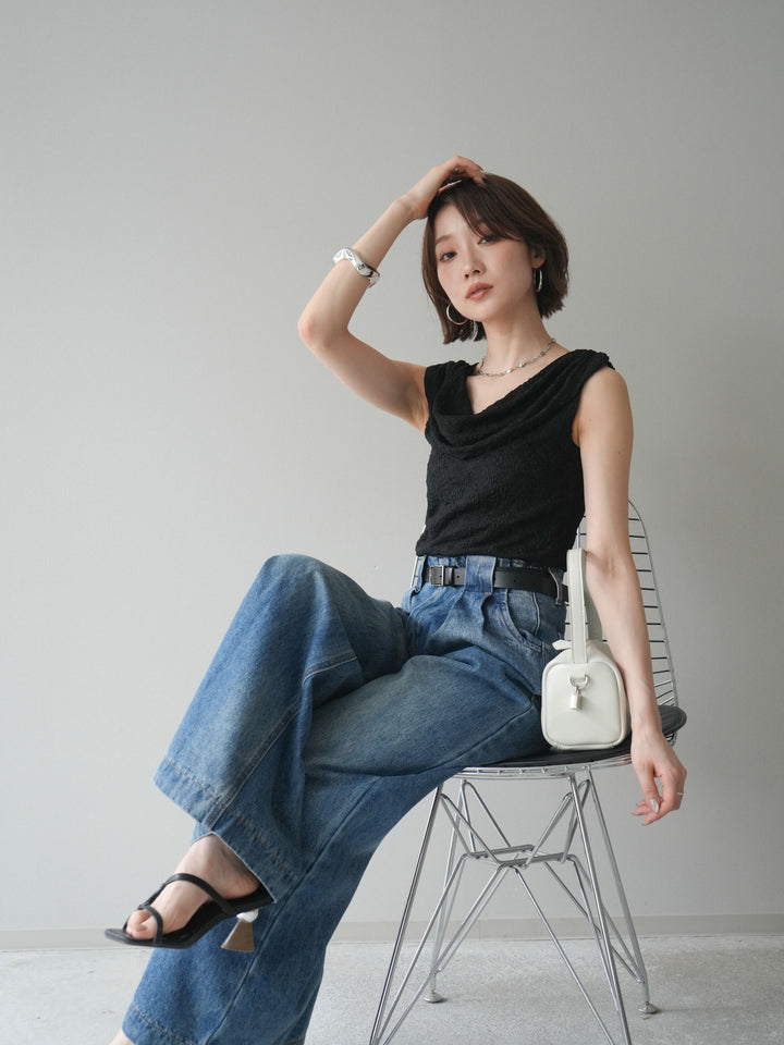 [予約]レースドレープネックアシメトップス/black