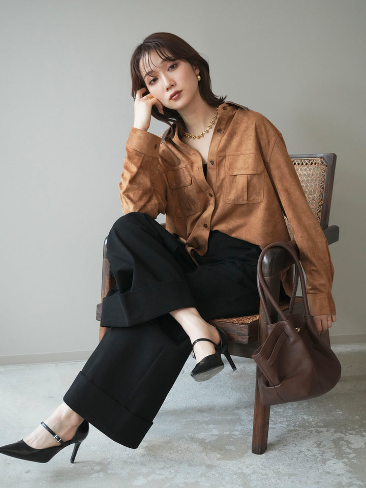 [予約]レザー襟スエードシャツ/camel
