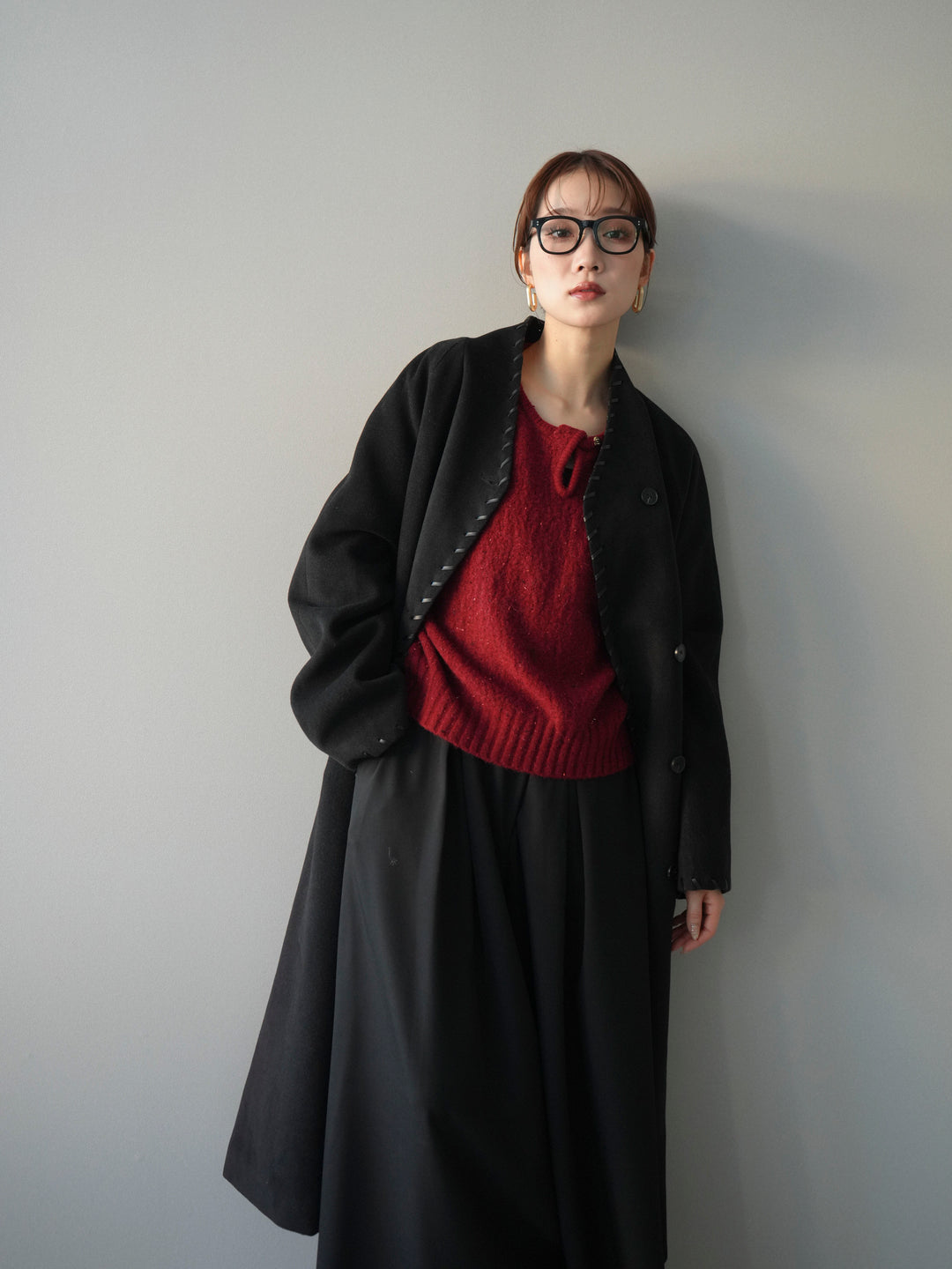 [予約]ハンドステッチ裏中綿ロングコート/black