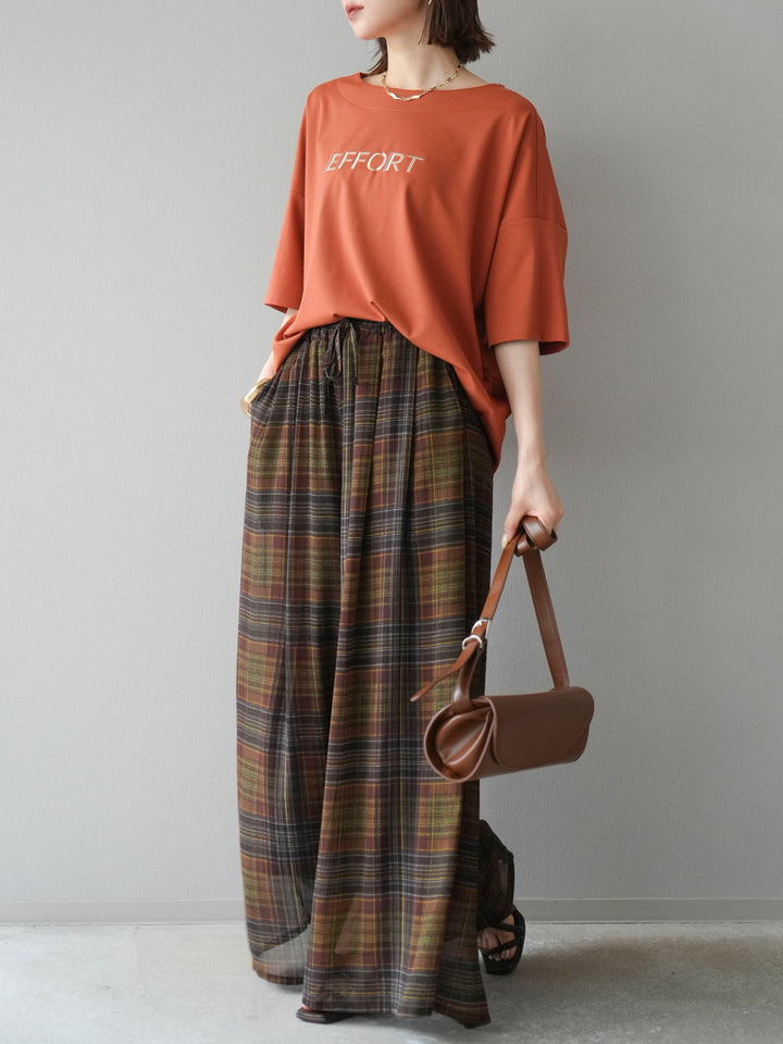 [套裝] 不同材質金屬標誌刺繡 x 印花T卹 + 透視格紋寬鬆褲（2 件套）
