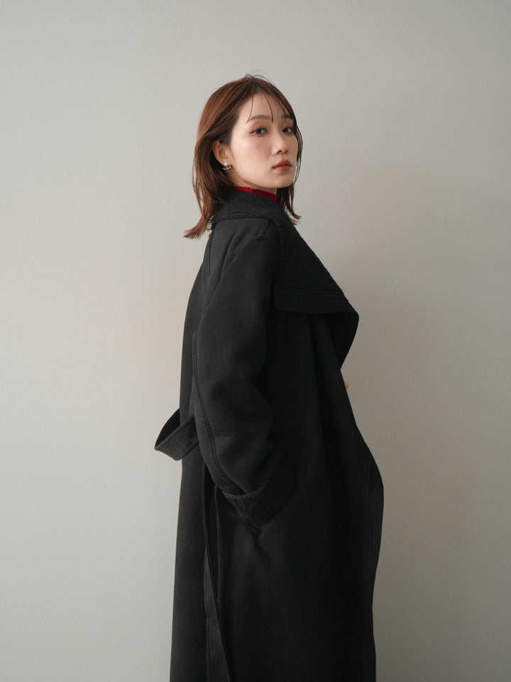 [SET]BIGカラームートンコート+袖ボタンボトルネックリブニットトップス+ベルト付ウールタッチミディアムパンツ(3set)