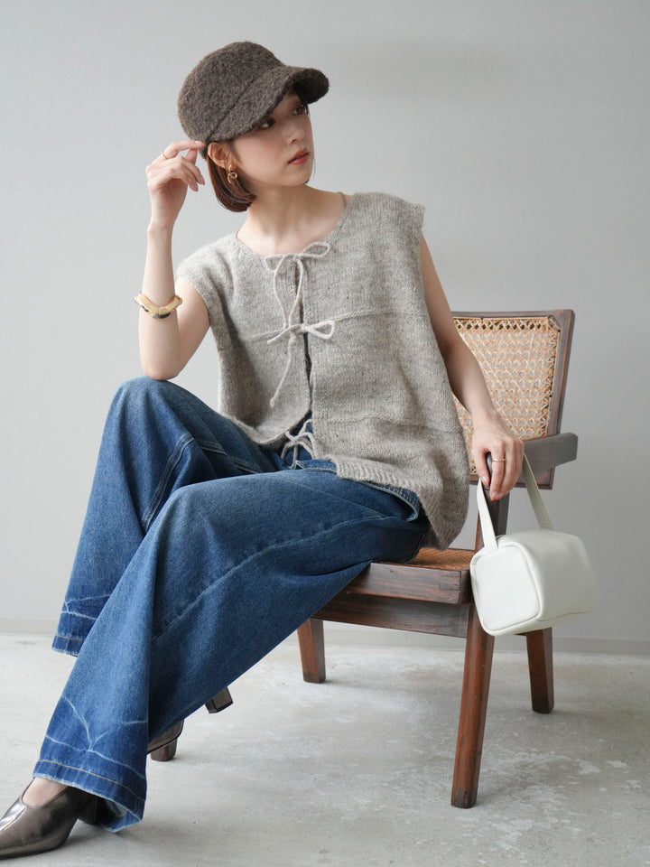 [予約]フロントスリットリボンニットベスト/ベージュ