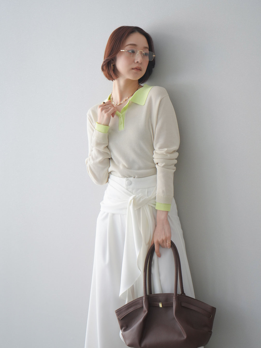 [SET]配色デザインシアーポロニット+ラッフルベルトワイドパンツ(2set)