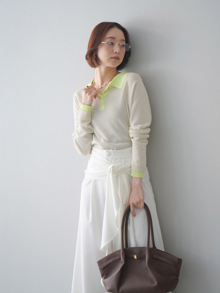 [SET]配色デザインシアーポロニット+ラッフルベルトワイドパンツ(2set)