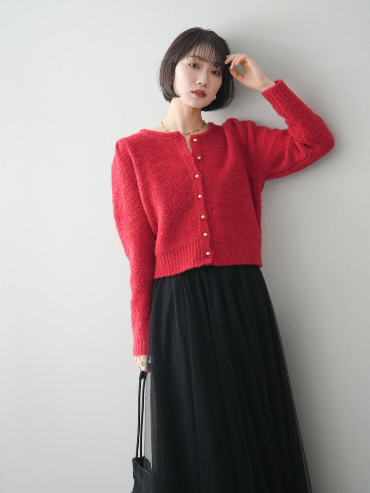 [SET]ゴールドボタンブークレニットカーディガン+チュールボリュームスカート(2set)