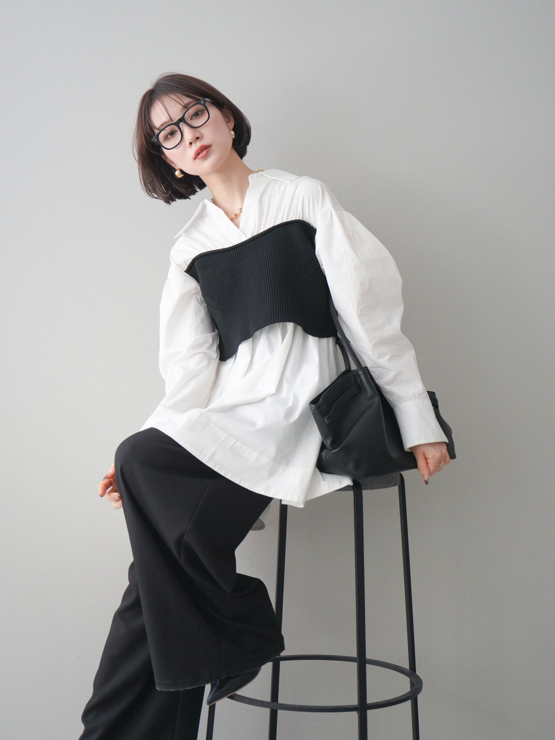 [予約]ニットビスチェドッキングフレアシャツチュニック/offwhite