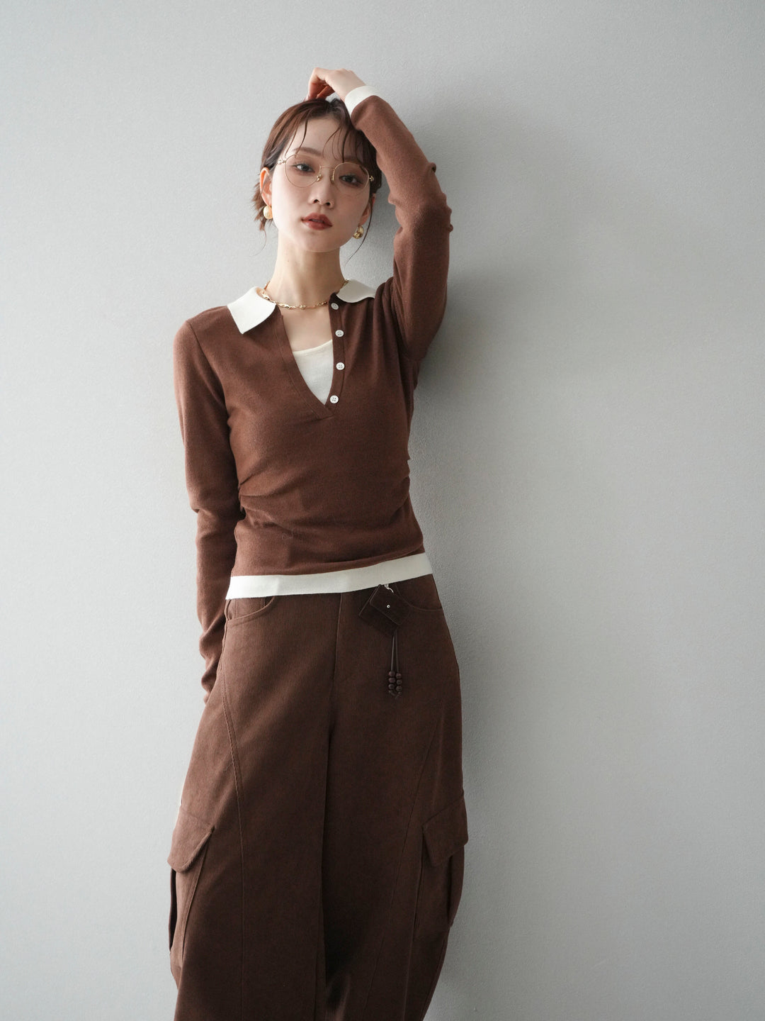 [予約]レイヤード配色ポロニットトップス/brown